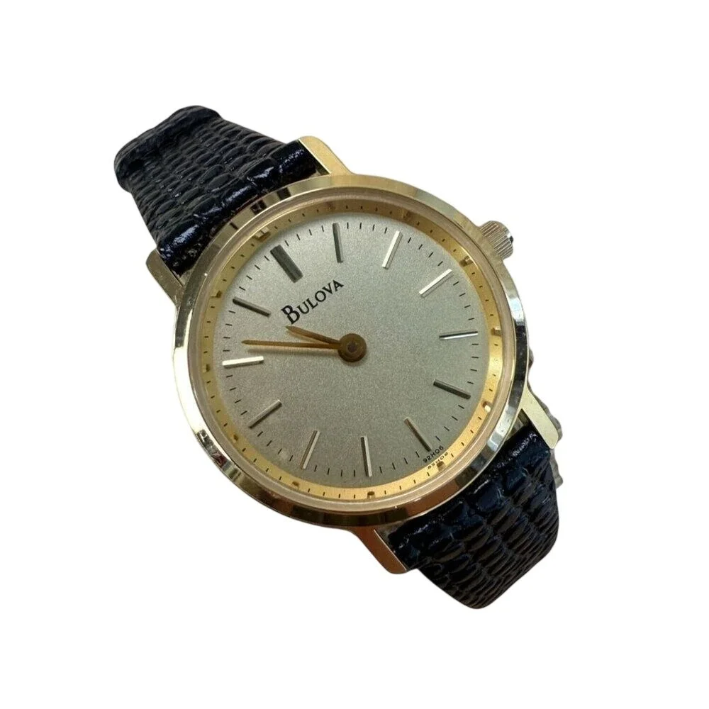 Bulova Gold-Tone Black Leather Analog Ladies Watch NOT TESTED